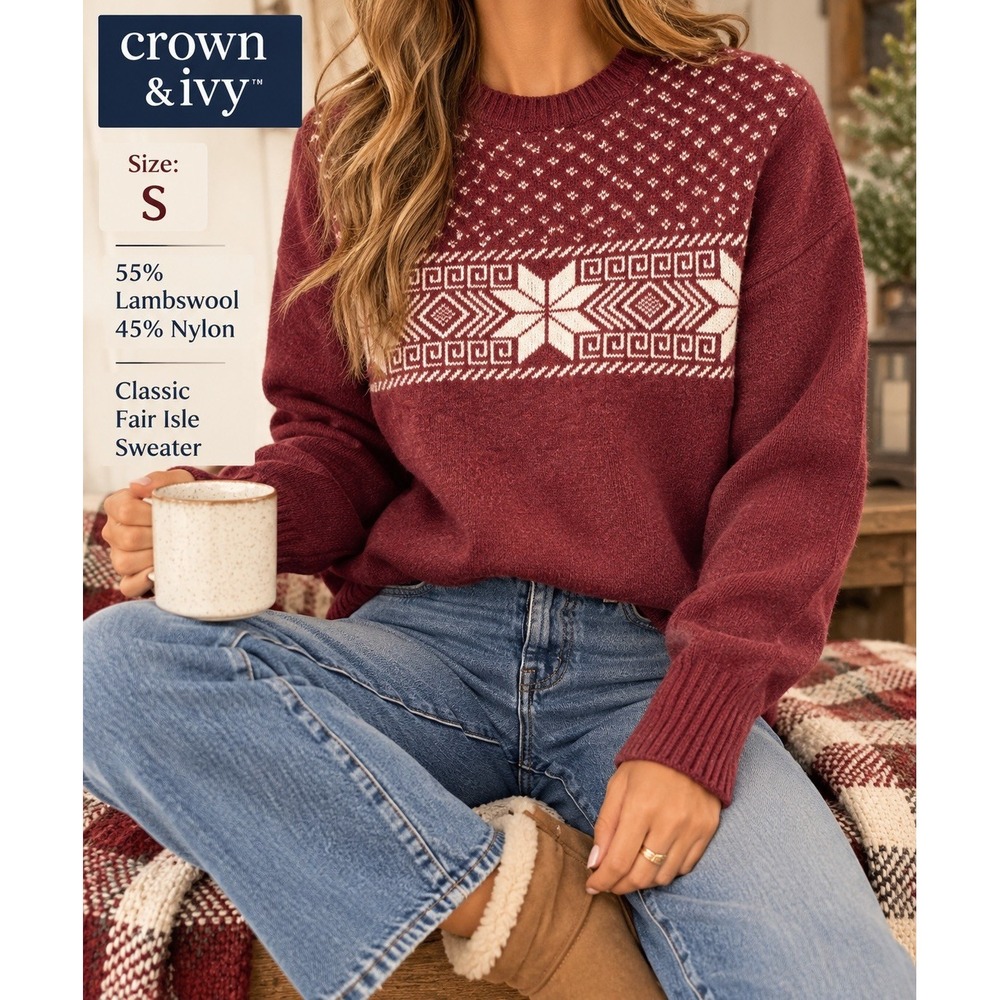 Crown & Ivy Womens Lambswool Blend Fair Isle Sweater Burgundy Snowflake Small
